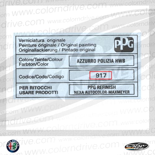 Close-up of Alfa Romeo paint code label on a vehicle door jamb