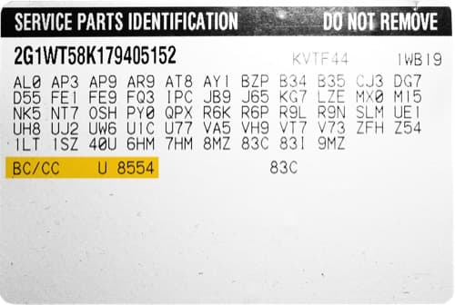 Close-up of Buick paint code label on a vehicle door jamb