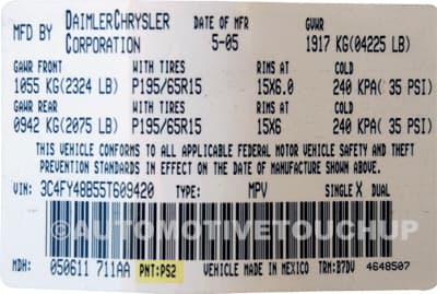Close-up of Jeep paint code label on a vehicle door jamb
