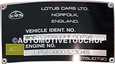 Close-up of Lotus paint code label on a vehicle door jamb