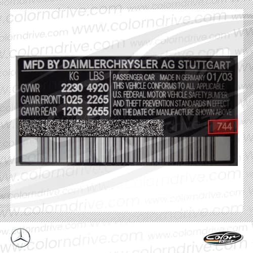 Close-up of Mercedes Benz paint code label on a vehicle door jamb