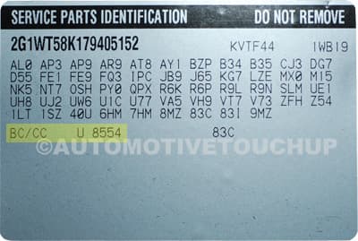 Close-up of Saturn paint code label on a vehicle door jamb