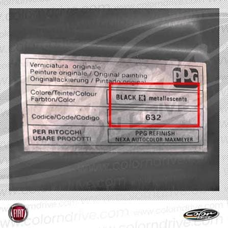 Close-up of Fiat paint code label on a vehicle door jamb