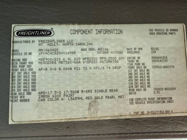 Close-up of Freightliner paint code label on a vehicle door jamb