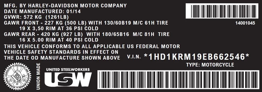Close-up of Harley-Davidson paint code label on a vehicle door jamb