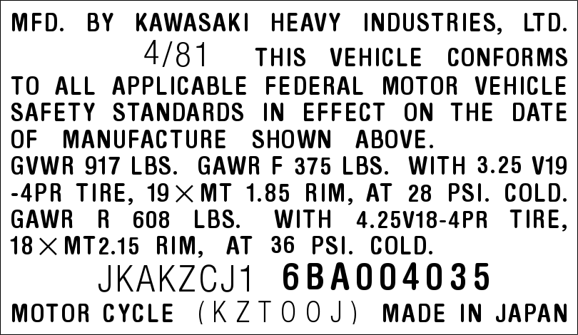Close-up of Kawasaki paint code label on a vehicle door jamb