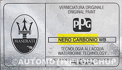 Close-up of Maserati paint code label on a vehicle door jamb