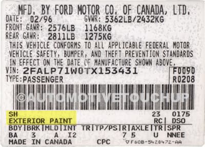 Close-up of Mercury paint code label on a vehicle door jamb