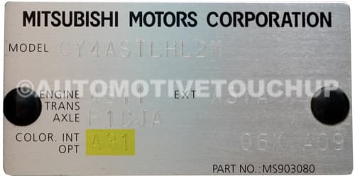 Close-up of Mitsubishi paint code label on a vehicle door jamb