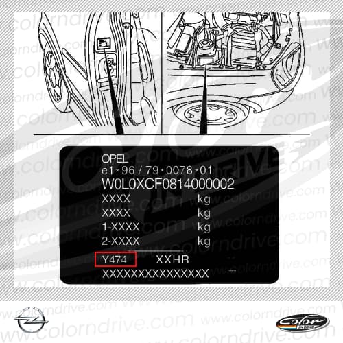 Close-up of Opel paint code label on a vehicle door jamb