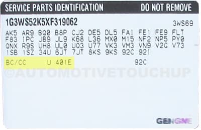 Close-up of Pontiac paint code label on a vehicle door jamb