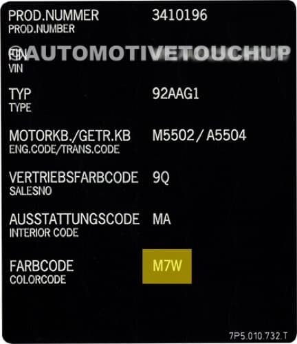 Close-up of Porsche paint code label on a vehicle door jamb