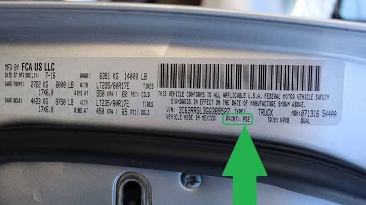 Close-up of Ram paint code label on a vehicle door jamb