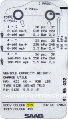 Close-up of Saab paint code label on a vehicle door jamb