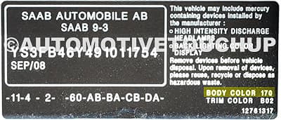 Close-up of Saab paint code label on a vehicle door jamb